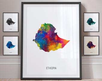 Ethiopia Map, Watercolour Painting Art Print Poster, Portrait - MX (10829)