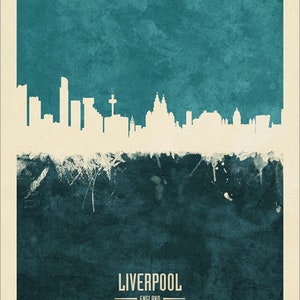 May include: A teal blue watercolor cityscape of Liverpool, England. The skyline is white and features several tall buildings. The text "LIVERPOOL" and "ENGLAND" is printed in white below the skyline.