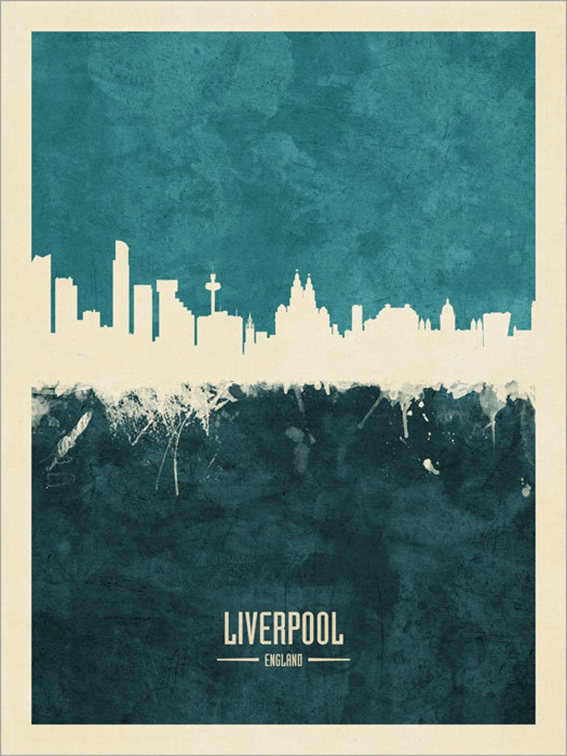 May include: A teal blue watercolor cityscape of Liverpool, England. The skyline is white and features several tall buildings. The text "LIVERPOOL" and "ENGLAND" is printed in white below the skyline.