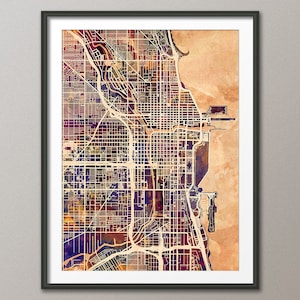Chicago Chicago Straßen Karte, Aquarell Karte von Chicago, Kunstdruck (1521)