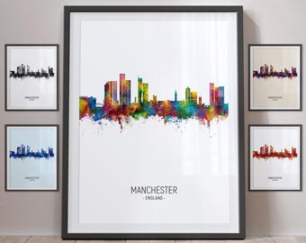 Manchester Skyline, England Cityscape Art Print Poster Portrait - PX (37806)