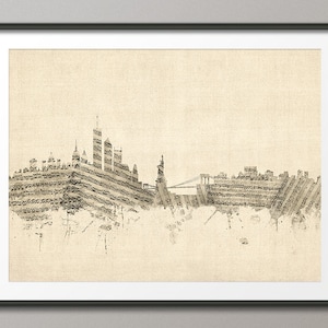 Partitura de la silueta de la ciudad de Nueva York, paisaje urbano, impresión artística (1381)