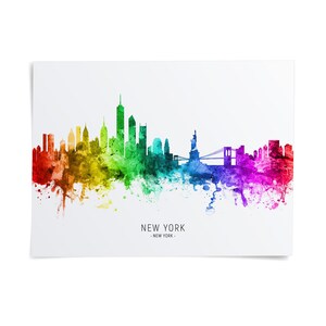 A colorful watercolor illustration of the New York City skyline, with the text "NEW YORK" prominently displayed.