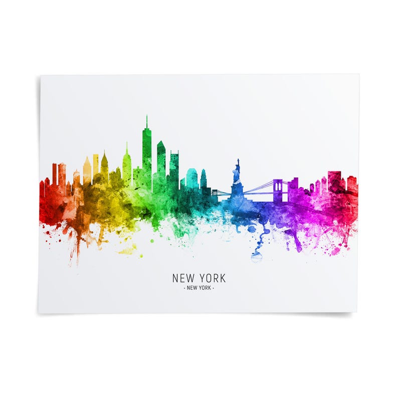 A colorful watercolor illustration of the New York City skyline, with the text "NEW YORK" prominently displayed.
