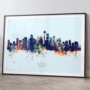 Seattle Skyline Washington, Cityscape Painting Art Print Poster HX (12041)