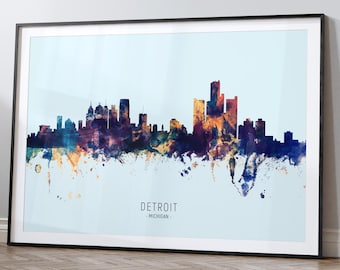 Detroit Skyline Michigan, Cityscape Art Print Poster HX (12056)