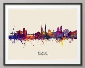 Belfast Skyline Northern Ireland, Cityscape Painting Art Print Poster LS (14953)