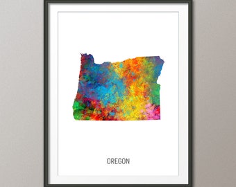 Oregon Map, Watercolour Art Print Poster, Colour, Black White, Beige (31002)