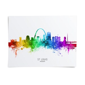The image is a colorful, watercolor-style illustration of the skyline of St. Louis, Missouri, featuring the iconic Gateway Arch and various other buildings and landmarks.
