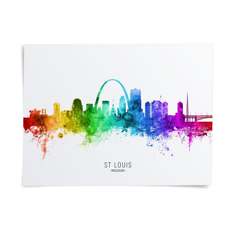 The image is a colorful, watercolor-style illustration of the skyline of St. Louis, Missouri, featuring the iconic Gateway Arch and various other buildings and landmarks.