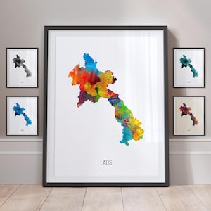 Kaart van Laos, aquarel schilderij Art Print poster MX (10868)