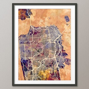 San Francisco Map, San Francisco California City Street Map, Art Print (1876)