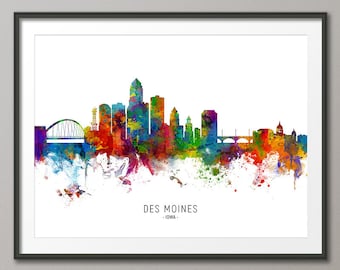 Des Moines Skyline Iowa, Cityscape Painting Art Print Poster CX (6619)