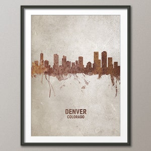 Denver Skyline Colorado, ferrugem em concreto, pôster de arte de paisagem urbana (4611)