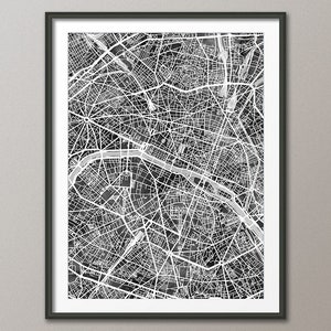 Paris Karte, Paris Frankreich Stadtplan, Aquarell Kunstdruck schwarz weiß (4577)