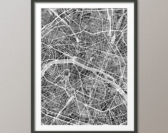 Paris Map, Paris France City Map, Watercolour Art Print Black White (4577)