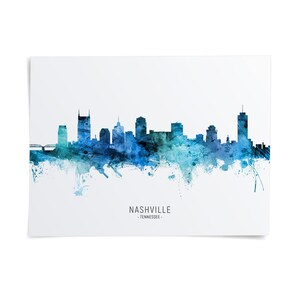 A watercolor-style illustration of the Nashville skyline, with the city's distinctive buildings and landmarks depicted in shades of blue and green.