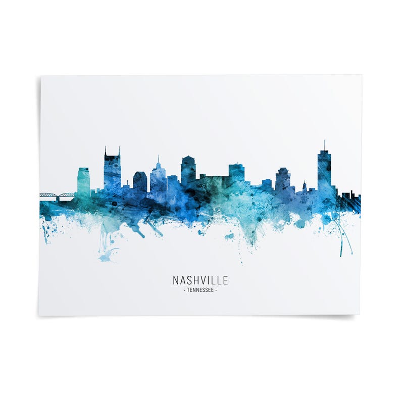 A watercolor-style illustration of the Nashville skyline, with the city's distinctive buildings and landmarks depicted in shades of blue and green.