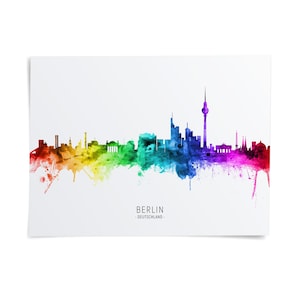 The image is a colorful, watercolor-style illustration of the skyline of Berlin, Germany.