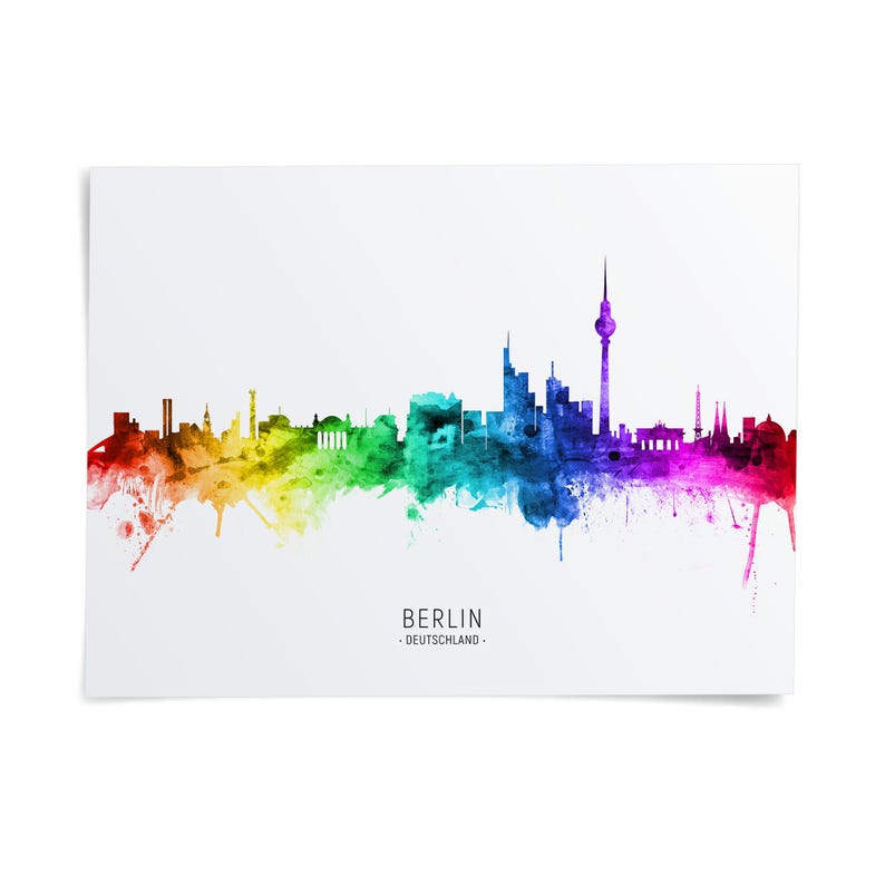 The image is a colorful, watercolor-style illustration of the skyline of Berlin, Germany.