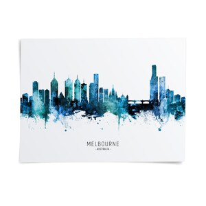 the skyline of Melbourne, Australia, with a watercolor-style rendering of the city's tall buildings and landmarks.
