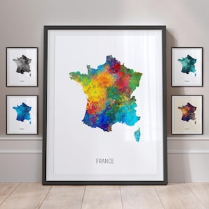 Frankreich Landkarte, Aquarell Malerei Kunstdruck Poster MX (10832)