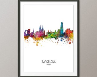 Barcelona Skyline, Barcelona Spain Cityscape Art Print Poster Portrait (4905)