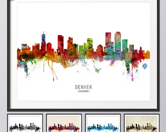 Denver Skyline Colorado, Cityscape Painting Art Print Poster UX (6570)