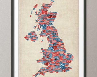 Great Britain UK City Text Map, Art Print (230)