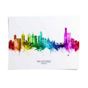 The image is a colorful, watercolor-style illustration of the Melbourne skyline, featuring a variety of buildings and structures in different colors.