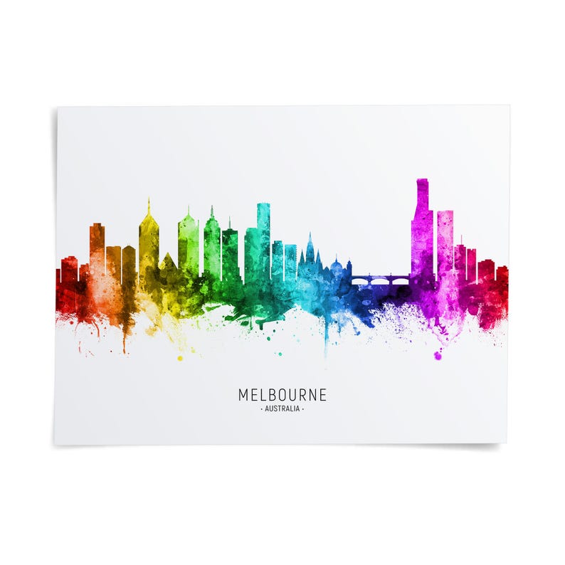 The image is a colorful, watercolor-style illustration of the Melbourne skyline, featuring a variety of buildings and structures in different colors.