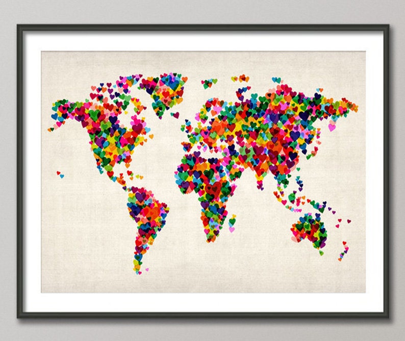 Love Hearts Map of the World Map, Art Print 775 image 1