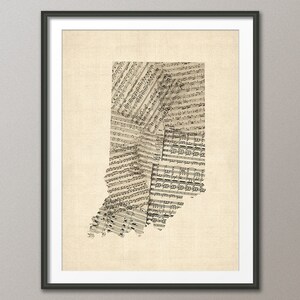 Indiana Map, Old Sheet Music Map of Indiana, USA, Art Print QX (1977)