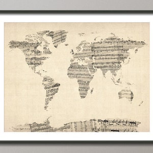 Map of the World Map from Old Sheet Music, Art Print 895 image 1