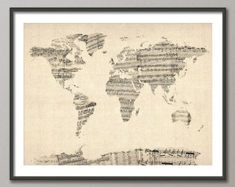 Map of the World Map from Old Sheet Music, Art Print (895)