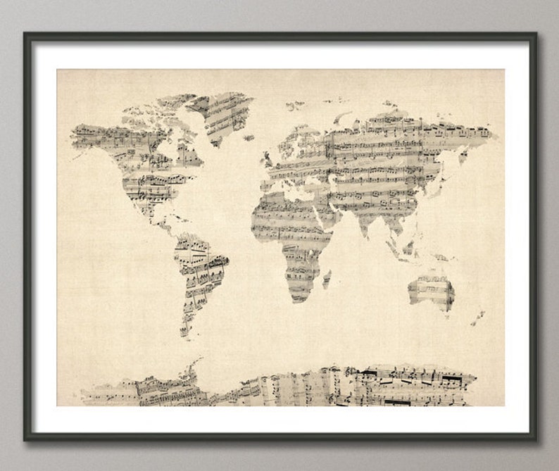 Map of the World Map from Old Sheet Music, Art Print 895 image 1