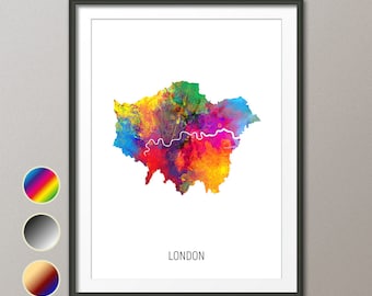 London Map, Watercolour Art Print Poster, Colour, Black White, Beige 12320