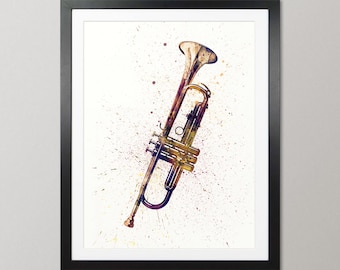 Trumpet Music Instrument, Abstract Watercolor - Art Print Poster