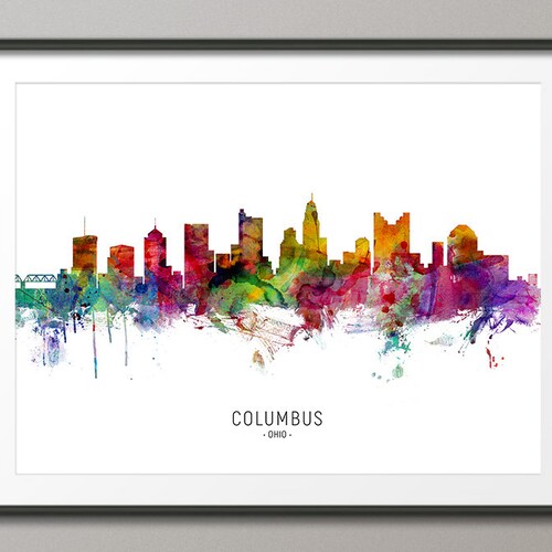 Columbus Skyline Ohio Cityscape Art Poster Print Blue Red Etsy