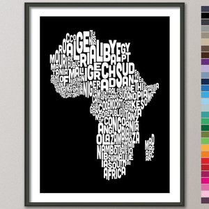 Carte typographique de l'Afrique, impression d'art textuel - couleurs disponibles (774)