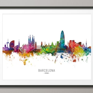 Barcelona Skyline Spain, Cityscape Painting Art Print Poster CX (6485)