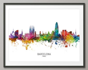 Barcelona Skyline Spain, Cityscape Painting Art Print Poster CX (6485)