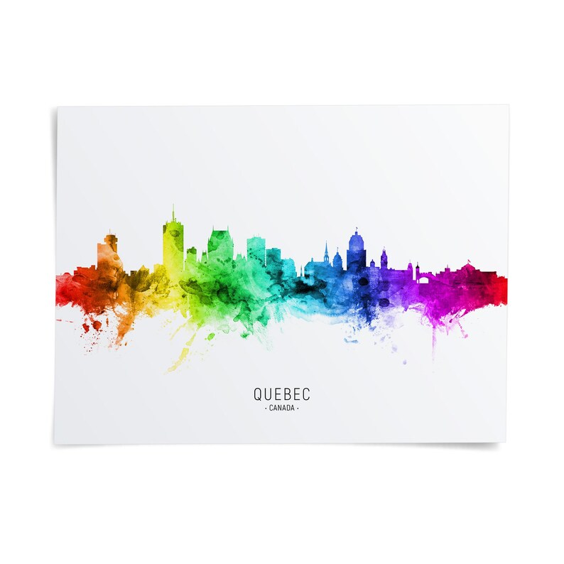 The image is a colorful, watercolor-style illustration of the skyline of Quebec, Canada, with the city's iconic buildings depicted in a vibrant rainbow gradient.