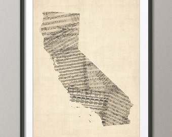 California Old Sheet Music Map USA, Art Print QX (336)