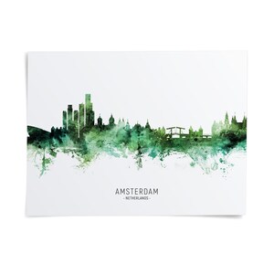 A watercolor-style illustration of the skyline of Amsterdam, Netherlands, with the city's iconic landmarks and buildings depicted in a greenish-blue color scheme.