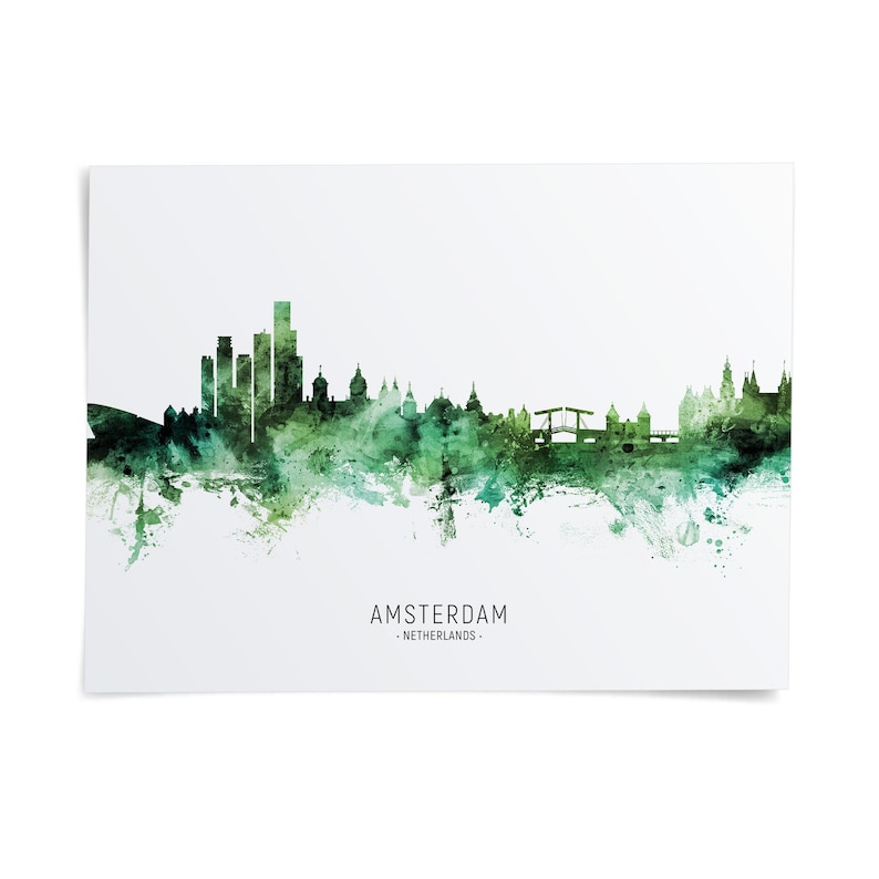 A watercolor-style illustration of the skyline of Amsterdam, Netherlands, with the city's iconic landmarks and buildings depicted in a greenish-blue color scheme.
