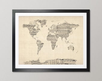 Map of the World Map from Old Sheet Music, Art Print WM (895)