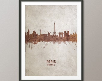 Paris Skyline France, Rust on Concrete Cityscape Art Print Poster (4588)