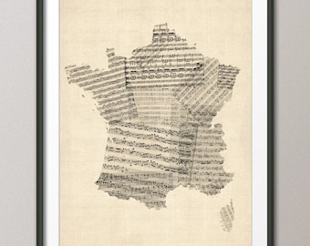 Map of France Old Sheet Music Map, Art Print (812)