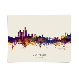 The image is a colorful, abstract representation of the skyline of Amsterdam, Netherlands.